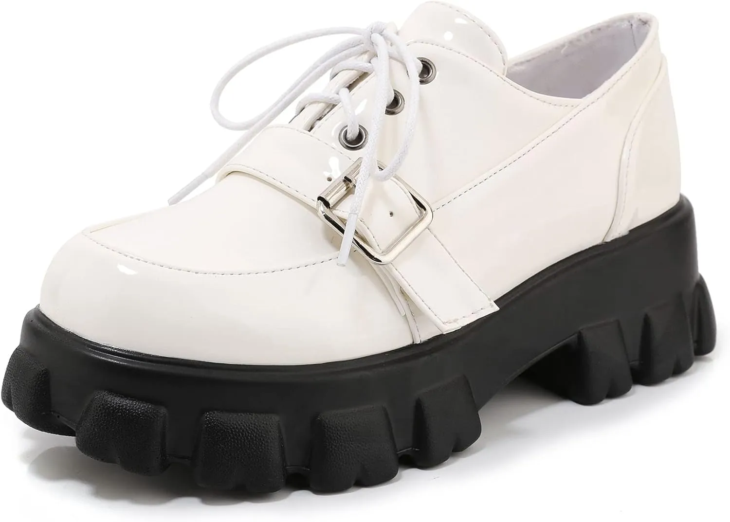 SEIFIN Gothic Lug Sole Oxfords for Women Patent Leather Chunky Heels Platform Pumps Height Increase Lace Up Shoes with Buckled