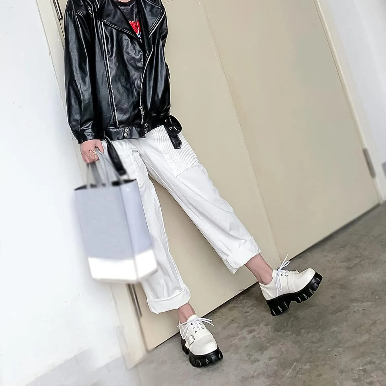 SEIFIN Gothic Lug Sole Oxfords for Women Patent Leather Chunky Heels Platform Pumps Height Increase Lace Up Shoes with Buckled