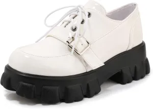 SEIFIN Gothic Lug Sole Oxfords for Women Patent Leather Chunky Heels Platform Pumps Height Increase Lace Up Shoes with Buckled