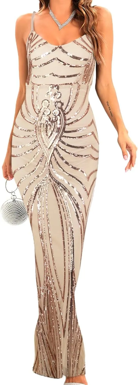 Sequin Dresses Womens Sparkly Glitter 1920S Maxi Bodycon Dress Fishtail Concert Disco Outfit Evening Party Ball Gown