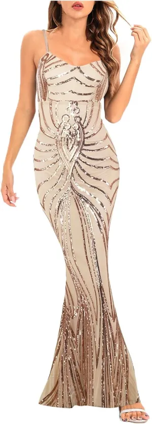 Sequin Dresses Womens Sparkly Glitter 1920S Maxi Bodycon Dress Fishtail Concert Disco Outfit Evening Party Ball Gown