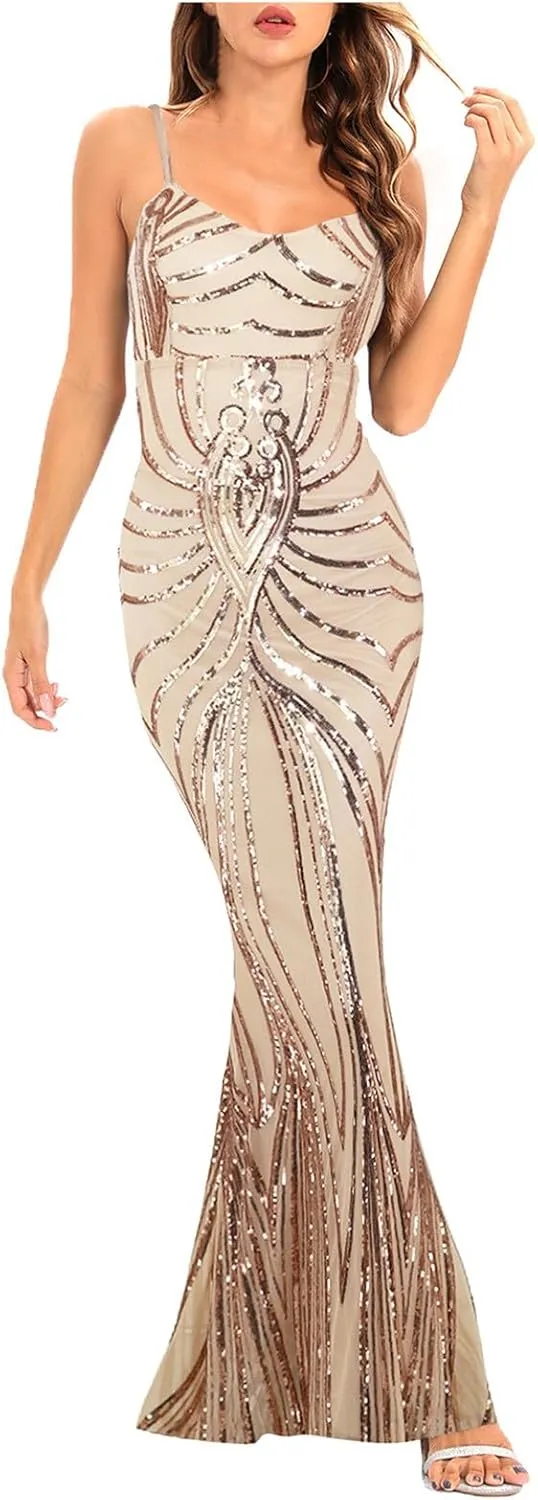 Sequin Dresses Womens Sparkly Glitter 1920S Maxi Bodycon Dress Fishtail Concert Disco Outfit Evening Party Ball Gown