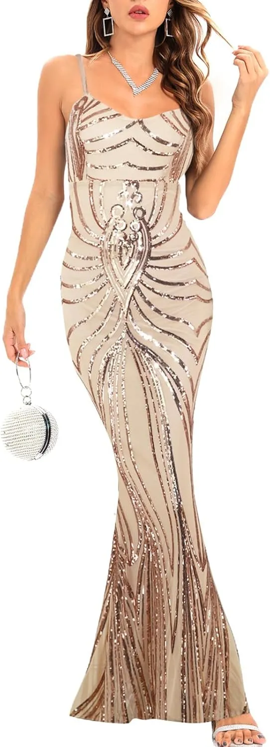 Sequin Dresses Womens Sparkly Glitter 1920S Maxi Bodycon Dress Fishtail Concert Disco Outfit Evening Party Ball Gown