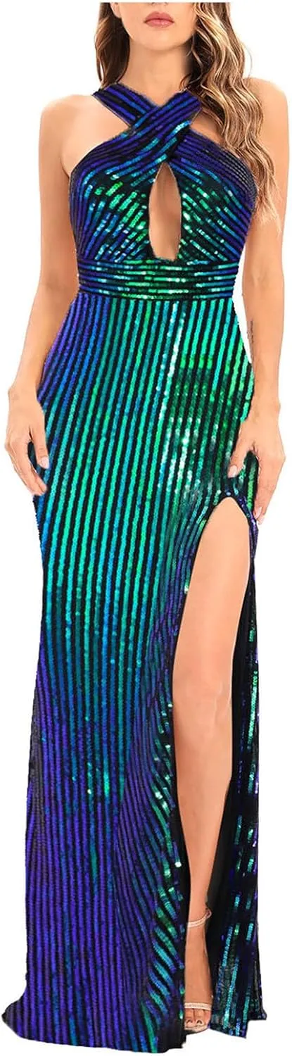 Sequin Dresses Womens Sparkly Glitter 1920S Maxi Bodycon Dress Fishtail Concert Disco Outfit Evening Party Ball Gown