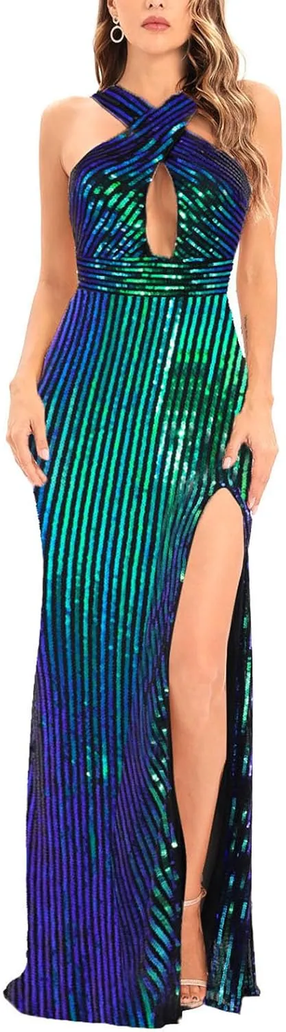 Sequin Dresses Womens Sparkly Glitter 1920S Maxi Bodycon Dress Fishtail Concert Disco Outfit Evening Party Ball Gown