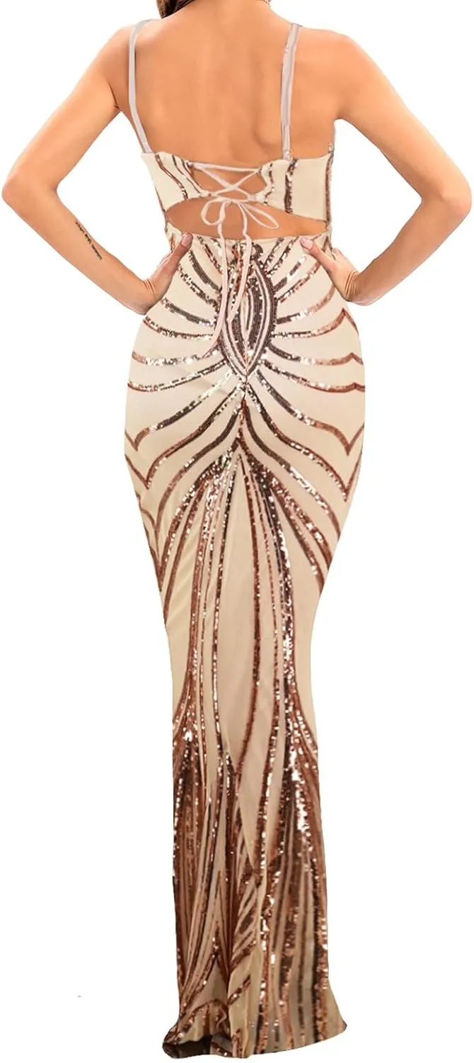 Sequin Dresses Womens Sparkly Glitter 1920S Maxi Bodycon Dress Fishtail Concert Disco Outfit Evening Party Ball Gown