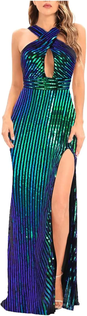 Sequin Dresses Womens Sparkly Glitter 1920S Maxi Bodycon Dress Fishtail Concert Disco Outfit Evening Party Ball Gown