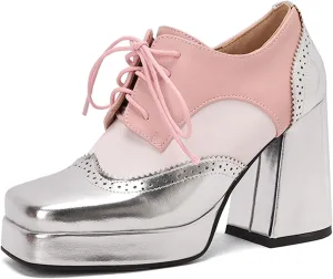 SHEMEE Multi-Colored Oxford Heels for Women Square Toe Chunky High Heels Platform Pumps Lace Up Derby Shoe Leisure Perforated Brogues Work Office Dress Shoes
