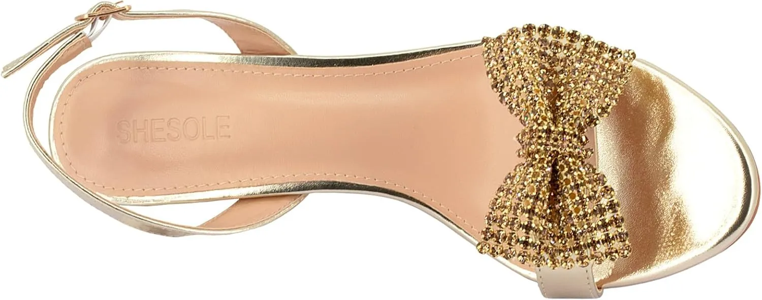 SheSole Women's Bow Rhinestones Dress Sandals Kitten Heels Sparkle Wedding Shoes for Bride Open Toe