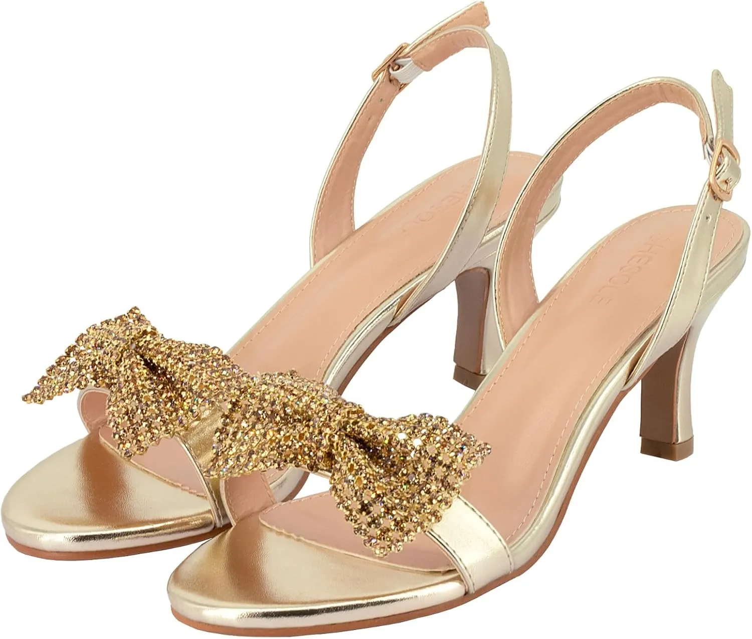 SheSole Women's Bow Rhinestones Dress Sandals Kitten Heels Sparkle Wedding Shoes for Bride Open Toe
