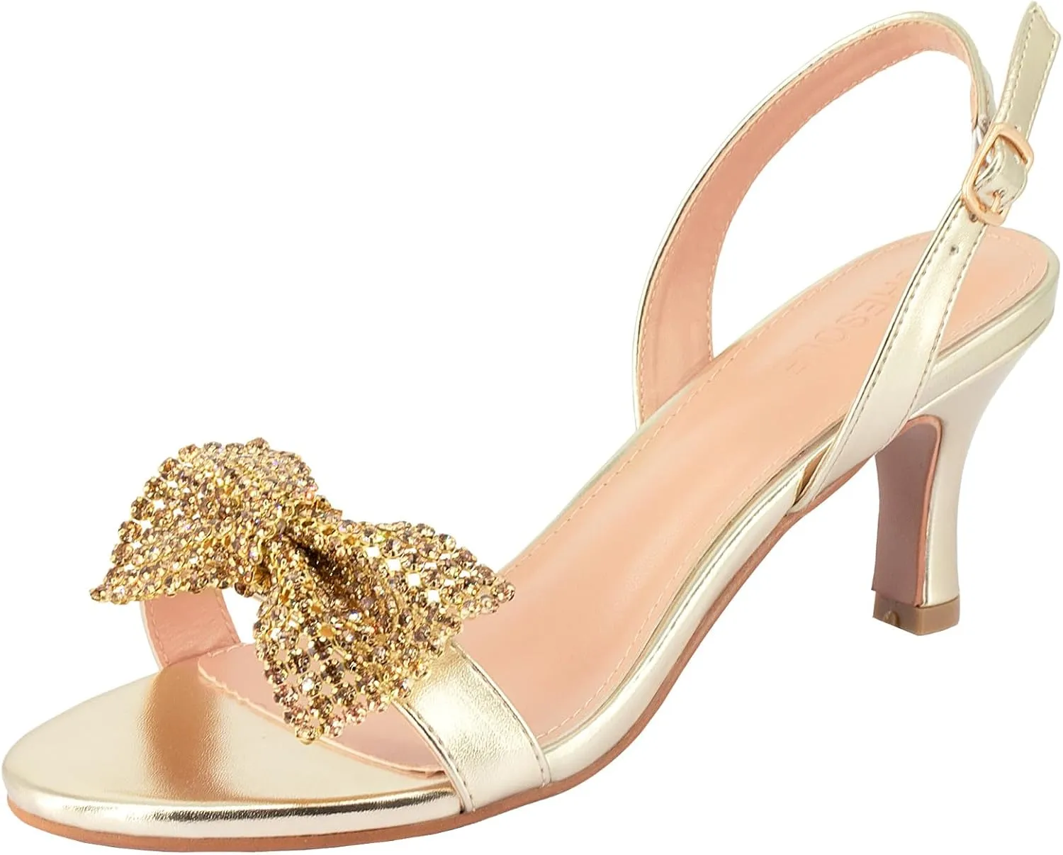 SheSole Women's Bow Rhinestones Dress Sandals Kitten Heels Sparkle Wedding Shoes for Bride Open Toe