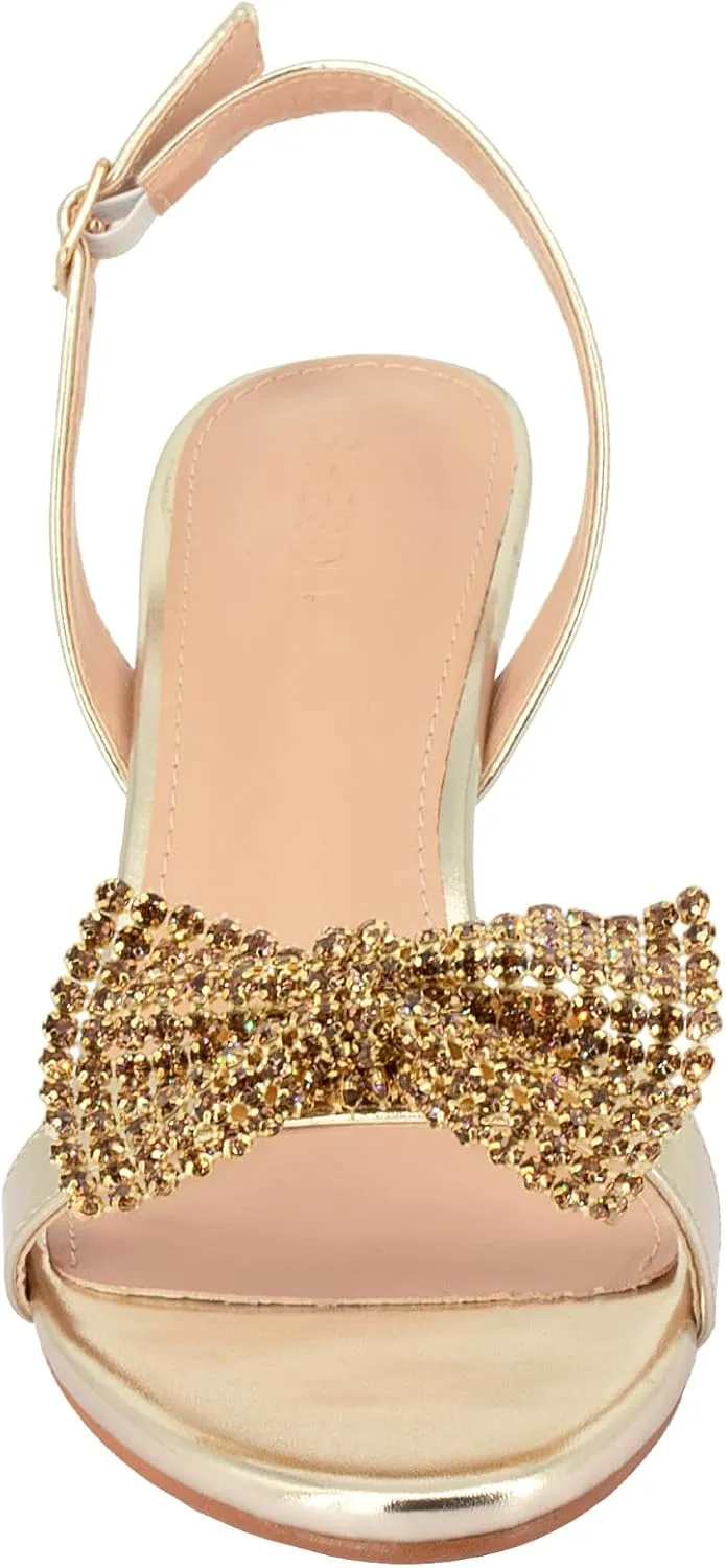 SheSole Women's Bow Rhinestones Dress Sandals Kitten Heels Sparkle Wedding Shoes for Bride Open Toe