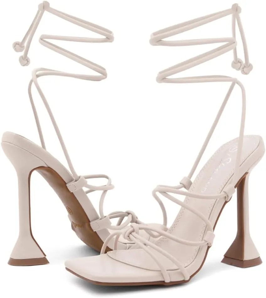 Shoe Land SL-Melody Women's Lace-Up Heels, Dressy Strappy High Heel Sandals, Square Open Toe with Tie-Up Ankle Wrap – Stiletto Heels for Prom, Party, and Wedding