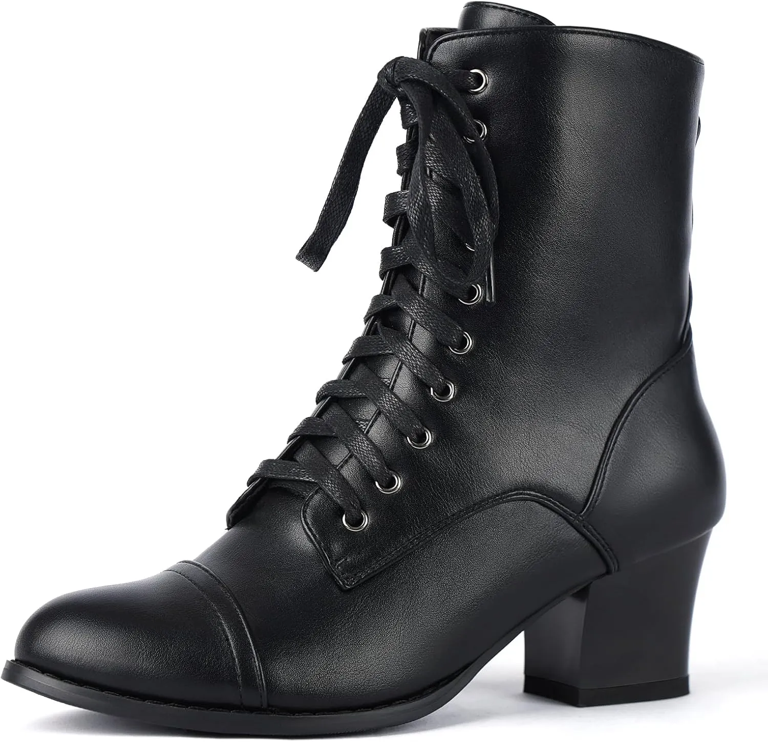Short Ankle Boots Lace Up for Women Side Zipper Victorian Booties Block Chunky Mid Heel