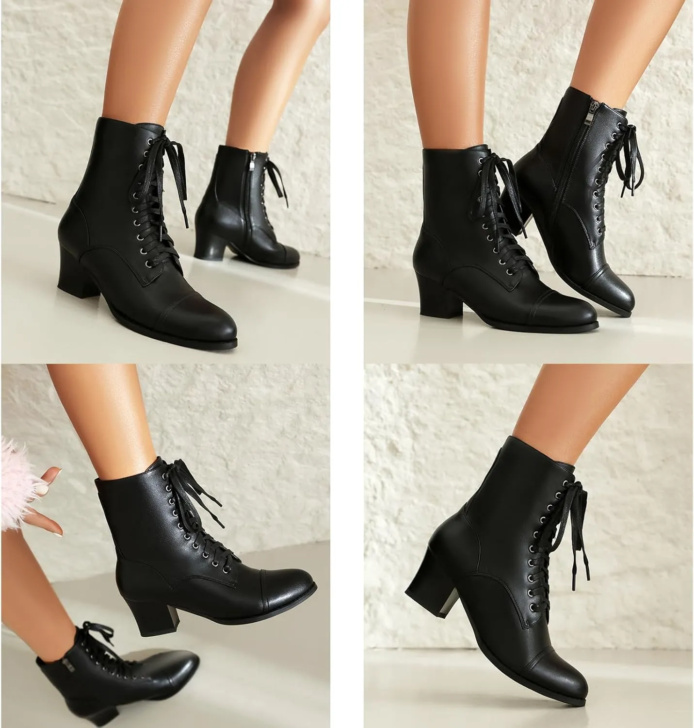 Short Ankle Boots Lace Up for Women Side Zipper Victorian Booties Block Chunky Mid Heel