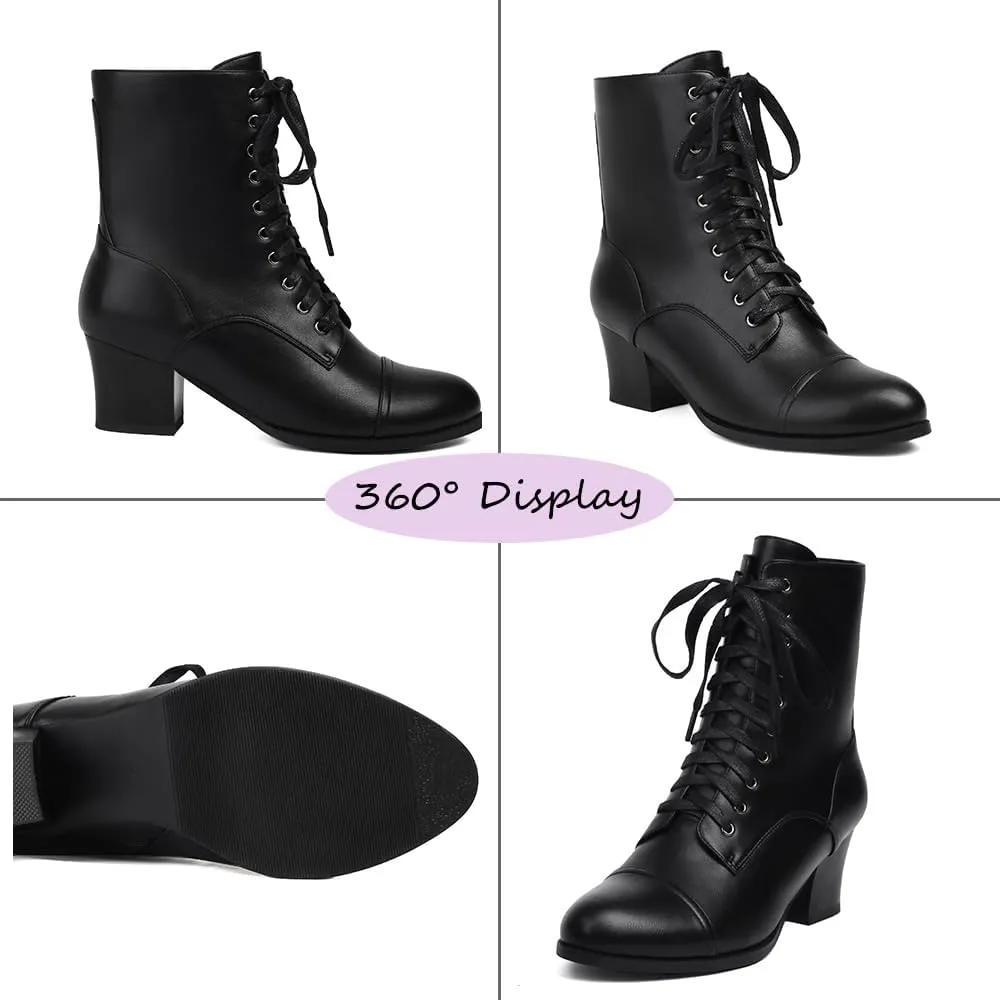 Short Ankle Boots Lace Up for Women Side Zipper Victorian Booties Block Chunky Mid Heel