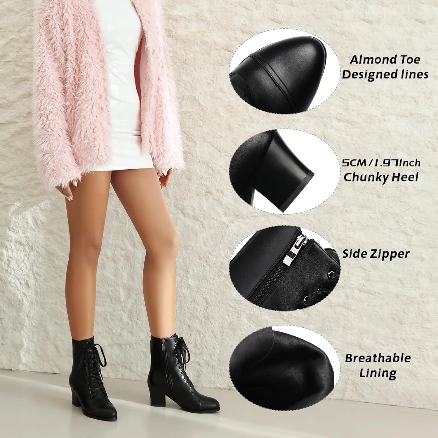 Short Ankle Boots Lace Up for Women Side Zipper Victorian Booties Block Chunky Mid Heel