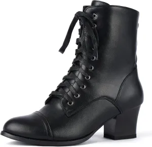Short Ankle Boots Lace Up for Women Side Zipper Victorian Booties Block Chunky Mid Heel