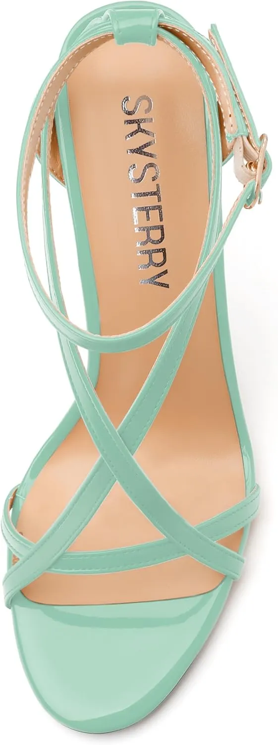 SKYSTERRY Lace Up High Stiletto Heeled Patent Sandals For Women Round Open Toe Strappy Ankle Buckle Heels Womens Dress Wedding Evening Fashion Shoes 4 Inch