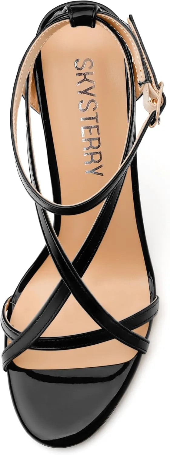 SKYSTERRY Lace Up High Stiletto Heeled Patent Sandals For Women Round Open Toe Strappy Ankle Buckle Heels Womens Dress Wedding Evening Fashion Shoes 4 Inch
