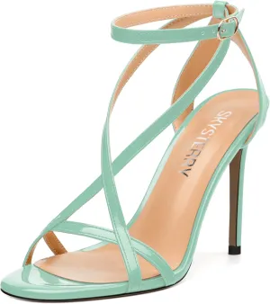 SKYSTERRY Lace Up High Stiletto Heeled Patent Sandals For Women Round Open Toe Strappy Ankle Buckle Heels Womens Dress Wedding Evening Fashion Shoes 4 Inch