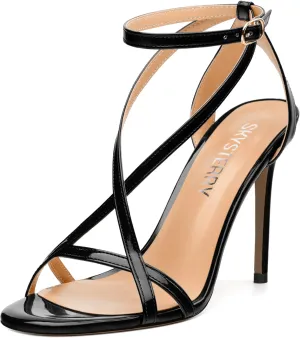 SKYSTERRY Lace Up High Stiletto Heeled Patent Sandals For Women Round Open Toe Strappy Ankle Buckle Heels Womens Dress Wedding Evening Fashion Shoes 4 Inch
