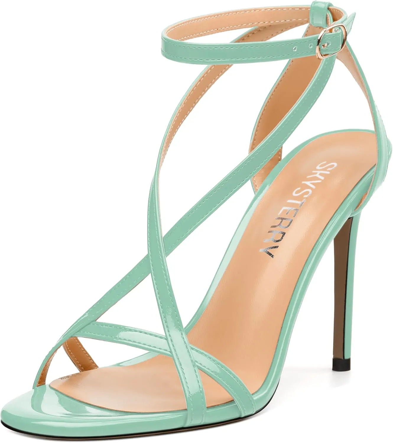 SKYSTERRY Lace Up High Stiletto Heeled Patent Sandals For Women Round Open Toe Strappy Ankle Buckle Heels Womens Dress Wedding Evening Fashion Shoes 4 Inch
