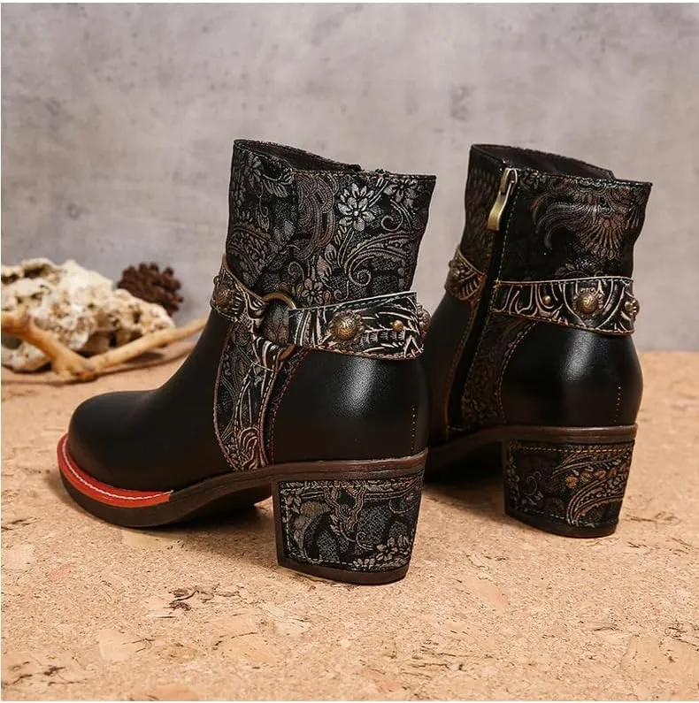 SOCOFY Womens Ankle Boots Cowgirl Boots Bohemian Block Heels Leather Western Boots Colorful Leather Winter Ankle Boots Floral Splicing Zipper Short Boots for Walking, Wedding, Party