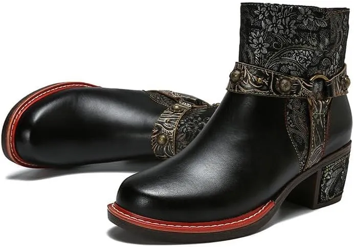 SOCOFY Womens Ankle Boots Cowgirl Boots Bohemian Block Heels Leather Western Boots Colorful Leather Winter Ankle Boots Floral Splicing Zipper Short Boots for Walking, Wedding, Party