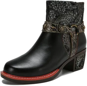 SOCOFY Womens Ankle Boots Cowgirl Boots Bohemian Block Heels Leather Western Boots Colorful Leather Winter Ankle Boots Floral Splicing Zipper Short Boots for Walking, Wedding, Party