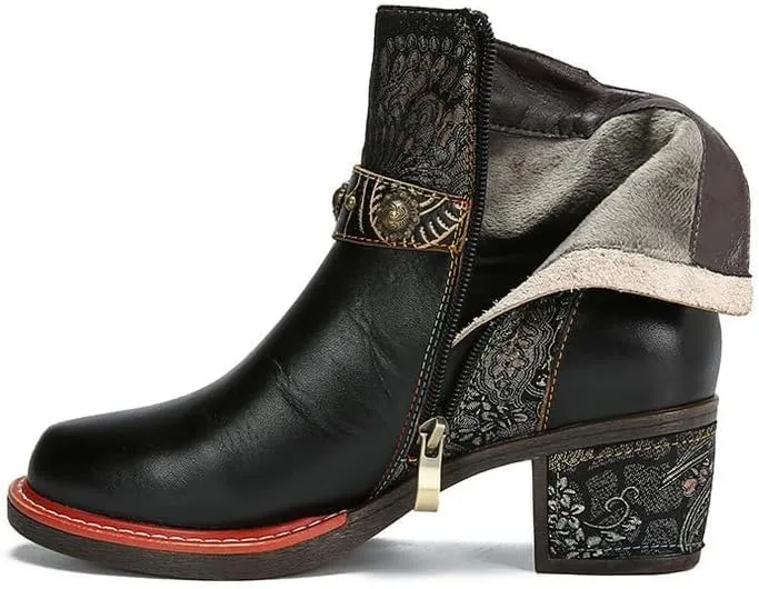 SOCOFY Womens Ankle Boots Cowgirl Boots Bohemian Block Heels Leather Western Boots Colorful Leather Winter Ankle Boots Floral Splicing Zipper Short Boots for Walking, Wedding, Party