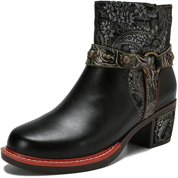SOCOFY Womens Ankle Boots Cowgirl Boots Bohemian Block Heels Leather Western Boots Colorful Leather Winter Ankle Boots Floral Splicing Zipper Short Boots for Walking, Wedding, Party