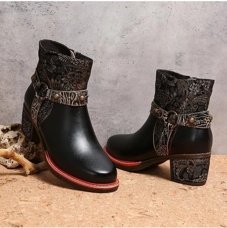 SOCOFY Womens Ankle Boots Cowgirl Boots Bohemian Block Heels Leather Western Boots Colorful Leather Winter Ankle Boots Floral Splicing Zipper Short Boots for Walking, Wedding, Party
