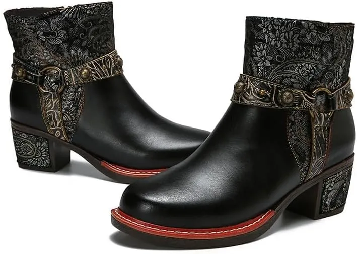 SOCOFY Womens Ankle Boots Cowgirl Boots Bohemian Block Heels Leather Western Boots Colorful Leather Winter Ankle Boots Floral Splicing Zipper Short Boots for Walking, Wedding, Party