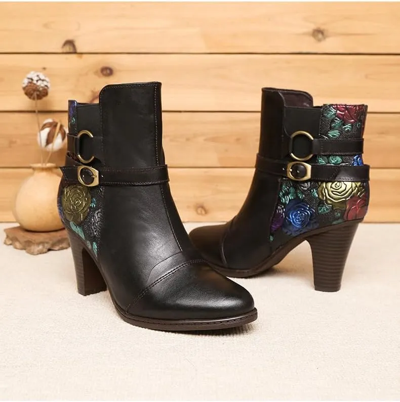 SOCOFY Womens Ankle Boots Leather High Heel Comfort Splicing Floral Pattern Lace Up Boots Leather Winter Fur Lined Boots Outdoor Anti-Slip Side Zipper Walking Boots for Wedding Party Dress