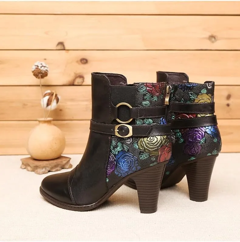SOCOFY Womens Ankle Boots Leather High Heel Comfort Splicing Floral Pattern Lace Up Boots Leather Winter Fur Lined Boots Outdoor Anti-Slip Side Zipper Walking Boots for Wedding Party Dress