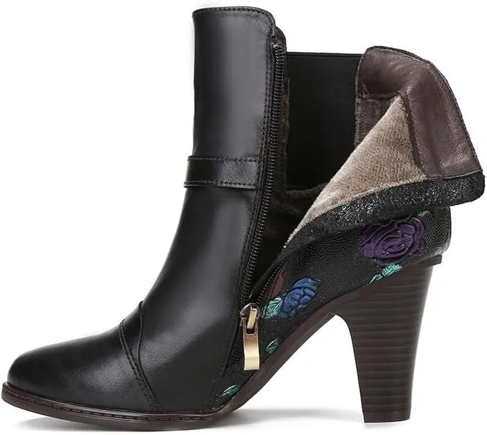 SOCOFY Womens Ankle Boots Leather High Heel Comfort Splicing Floral Pattern Lace Up Boots Leather Winter Fur Lined Boots Outdoor Anti-Slip Side Zipper Walking Boots for Wedding Party Dress
