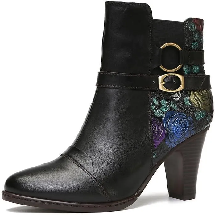 SOCOFY Womens Ankle Boots Leather High Heel Comfort Splicing Floral Pattern Lace Up Boots Leather Winter Fur Lined Boots Outdoor Anti-Slip Side Zipper Walking Boots for Wedding Party Dress