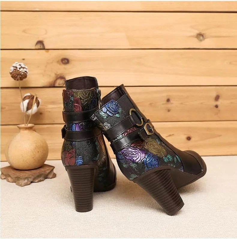 SOCOFY Womens Ankle Boots Leather High Heel Comfort Splicing Floral Pattern Lace Up Boots Leather Winter Fur Lined Boots Outdoor Anti-Slip Side Zipper Walking Boots for Wedding Party Dress