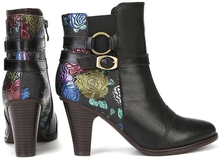SOCOFY Womens Ankle Boots Leather High Heel Comfort Splicing Floral Pattern Lace Up Boots Leather Winter Fur Lined Boots Outdoor Anti-Slip Side Zipper Walking Boots for Wedding Party Dress