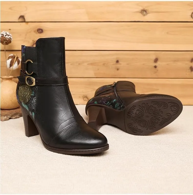 SOCOFY Womens Ankle Boots Leather High Heel Comfort Splicing Floral Pattern Lace Up Boots Leather Winter Fur Lined Boots Outdoor Anti-Slip Side Zipper Walking Boots for Wedding Party Dress