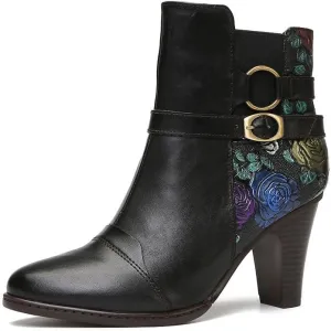 SOCOFY Womens Ankle Boots Leather High Heel Comfort Splicing Floral Pattern Lace Up Boots Leather Winter Fur Lined Boots Outdoor Anti-Slip Side Zipper Walking Boots for Wedding Party Dress