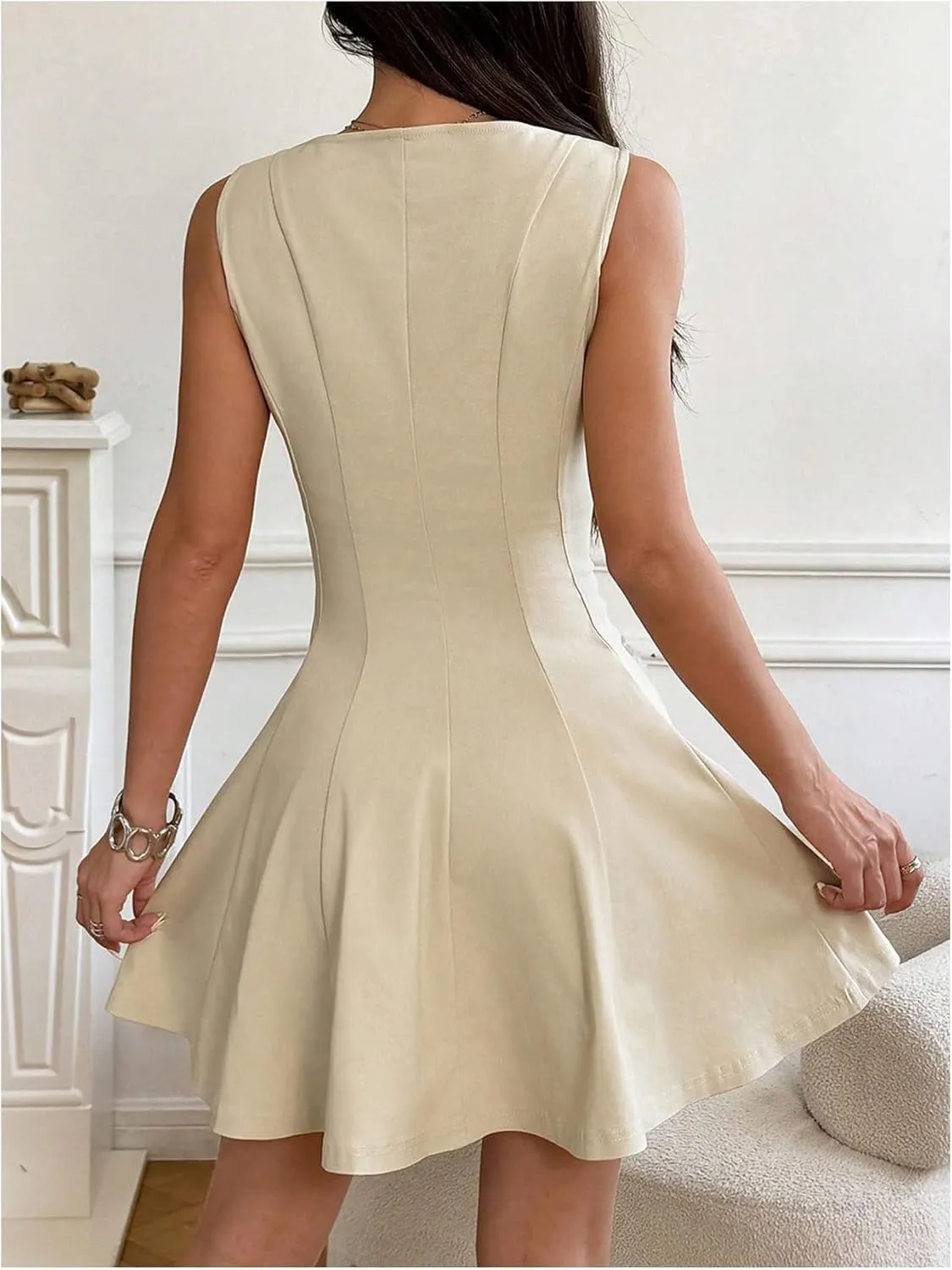 SOLY HUX Women's Elegant Sleeveless Mini Dress Crew Neck Flared A Line Work Flowy Dresses