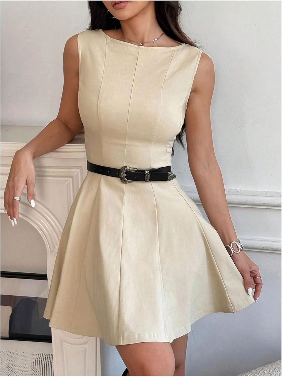 SOLY HUX Women's Elegant Sleeveless Mini Dress Crew Neck Flared A Line Work Flowy Dresses