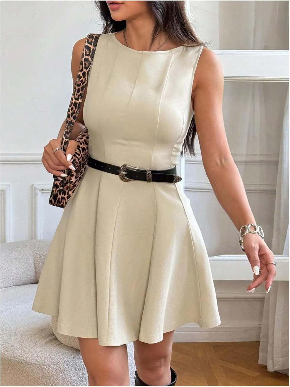 SOLY HUX Women's Elegant Sleeveless Mini Dress Crew Neck Flared A Line Work Flowy Dresses
