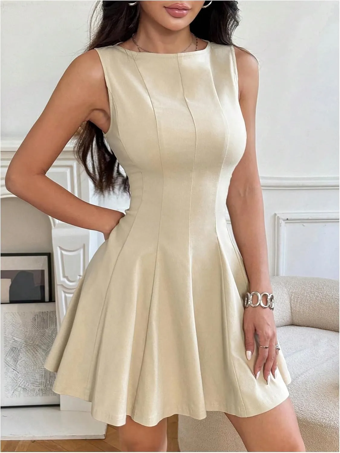 SOLY HUX Women's Elegant Sleeveless Mini Dress Crew Neck Flared A Line Work Flowy Dresses