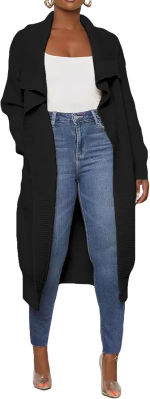 SOMTHRON Women's Oversized Open Front Cardigan Ribbed Knit Sweaters Long Sleeve Collared Falll Draped Coat Outwear