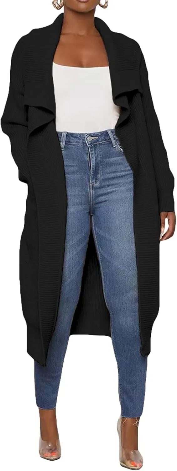SOMTHRON Women's Oversized Open Front Cardigan Ribbed Knit Sweaters Long Sleeve Collared Falll Draped Coat Outwear