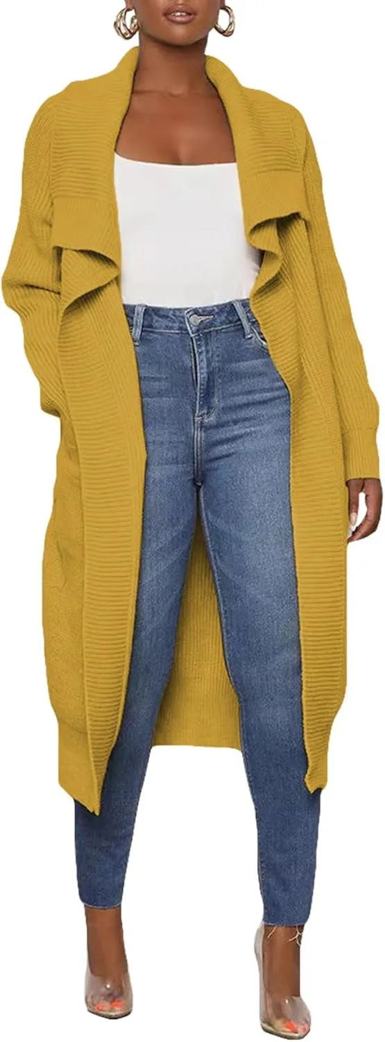 SOMTHRON Women's Oversized Open Front Cardigan Ribbed Knit Sweaters Long Sleeve Collared Falll Draped Coat Outwear
