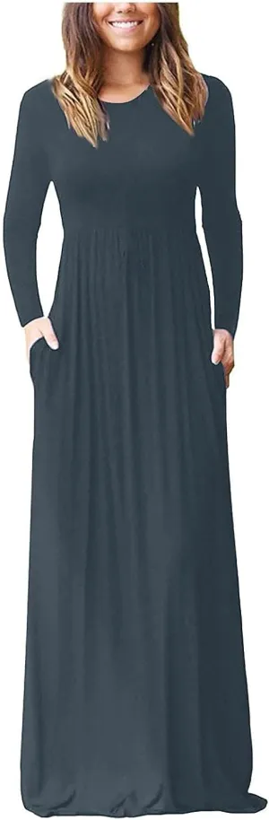 Spring Dresses Women Casual Long Sleeve Striped Loose Fit Pleated Maxi Dress with Pockets Spring Fall Outfit Basic Clothes